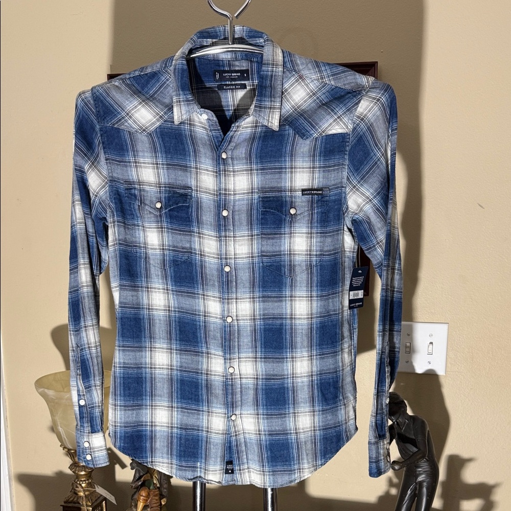 Lucky Brand Navy and Cream Plaid Shirt